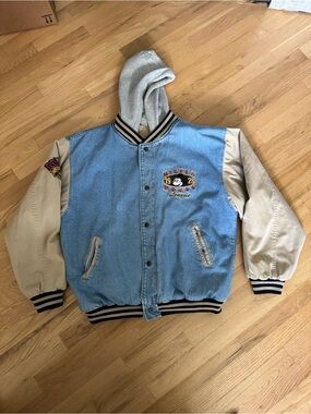 Vintage Disney Store Mickey Mouse Varsity Jacket Hooded Denim Adult XL